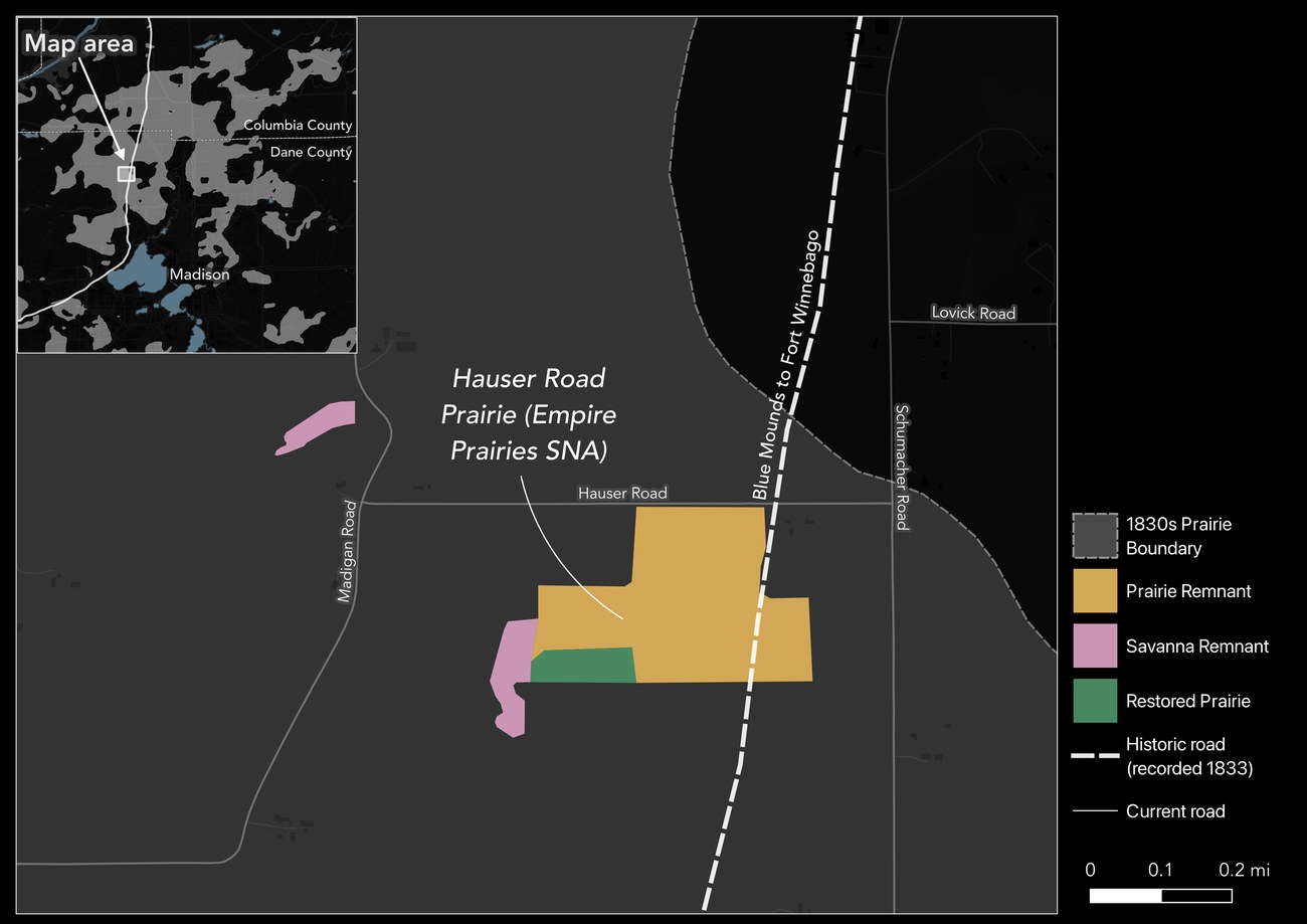 Map of the Hauser Road Prairie showing prairie remnant, savanna remnant, and restored prairie against the 1830s boundary