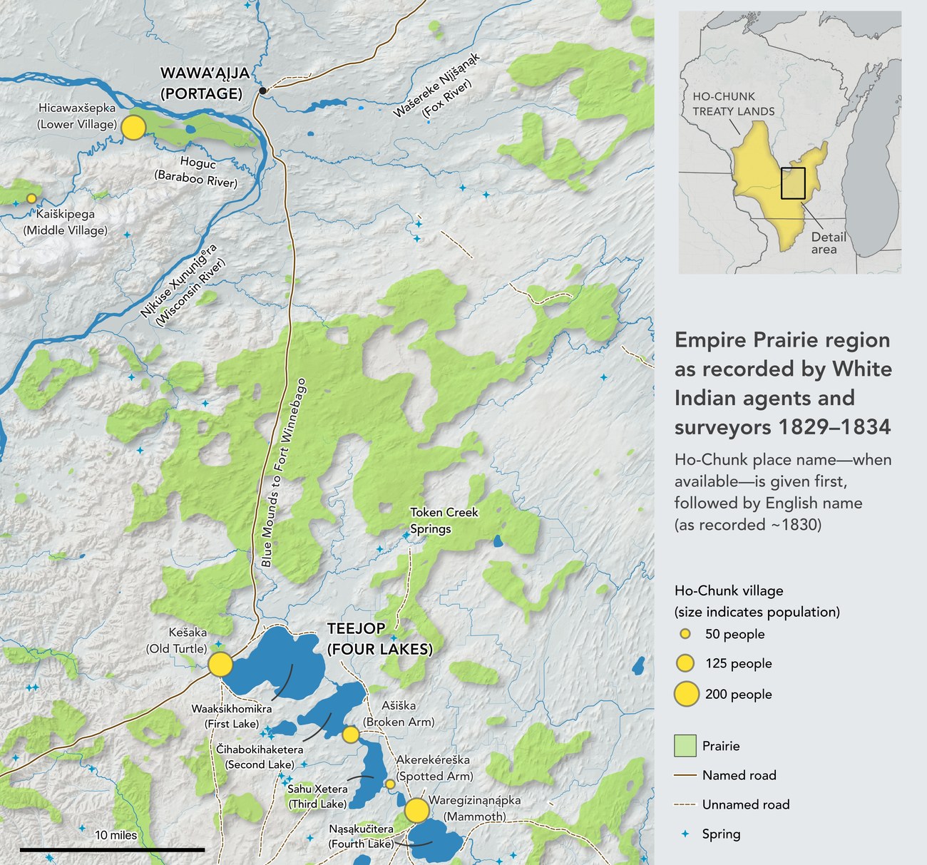 Map of the Empire Prairie region with Ho-Chunk place names, recorded by surveyors 1829–1834