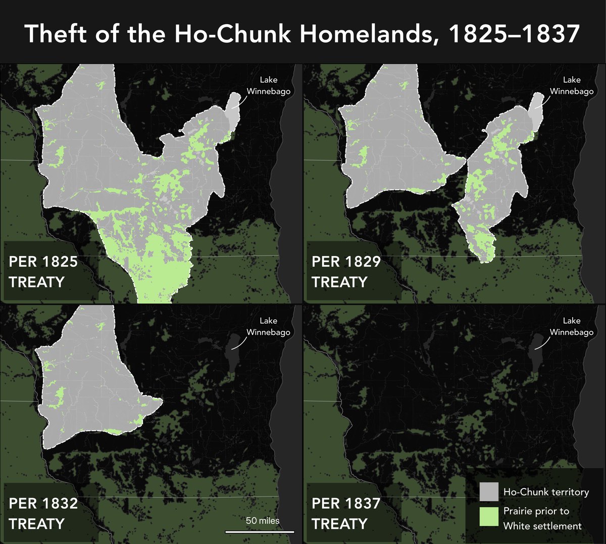 Maps of Ho-Chunk homelands and prairie loss, 1825–1837