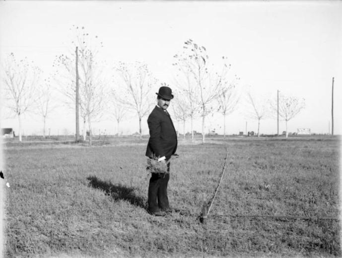 A man in a bowler hat standing in a barren, treeless Denver field planted with young saplings