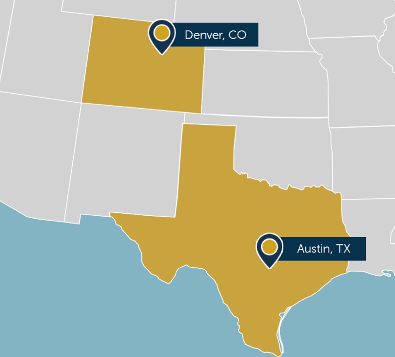 Locator map highlighting Denver, Colorado and Austin, Texas