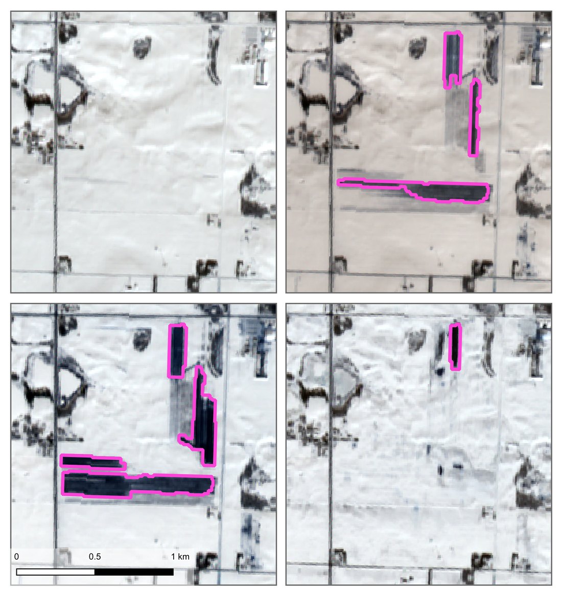 Satellite panels showing manure spreads outlined on snow-covered fields
