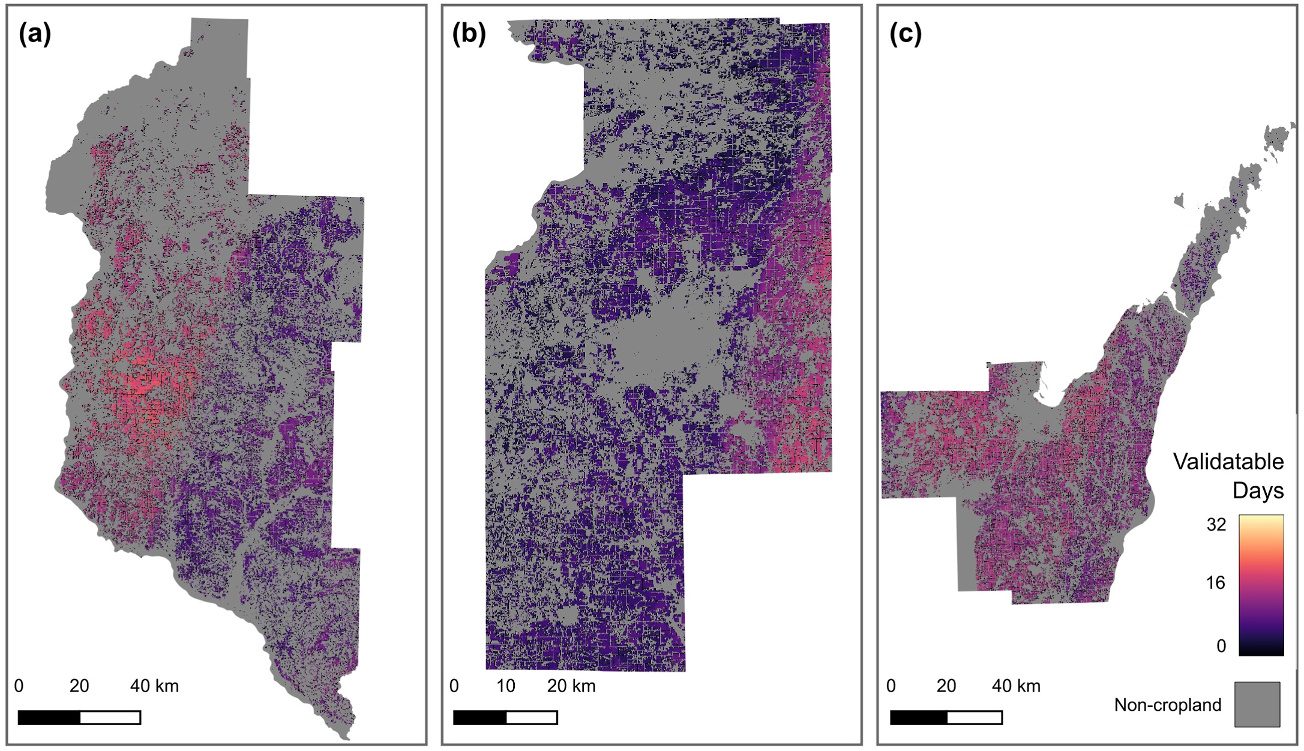 Maps showing the number of validatable days across the study regions